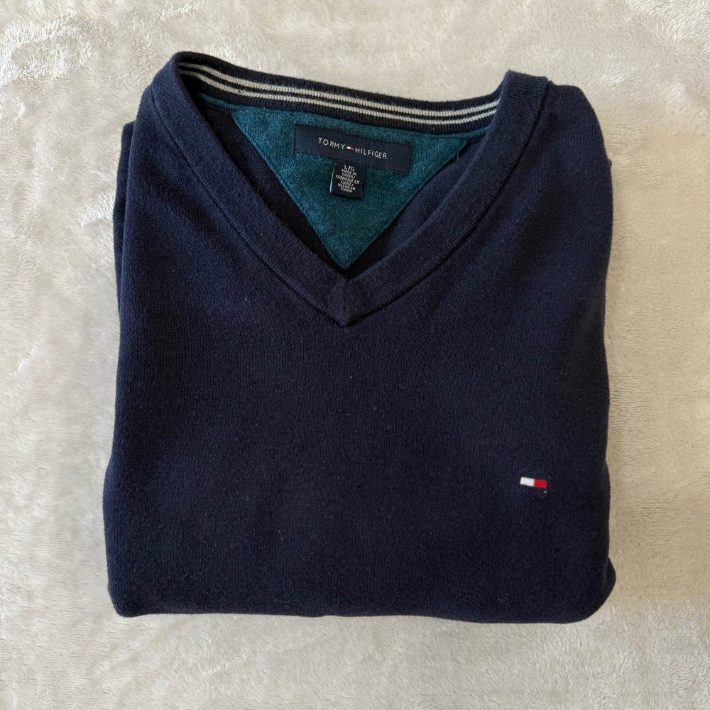 Tommy Hilfiger Mens V Neck‎ Sweater Long Sleeve Casual Classic Navy